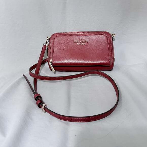 Kate Spade NY Staci Dual Zip Around Crossbody Bag Cherrywood Saffiano Leather - Picture 1 of 9